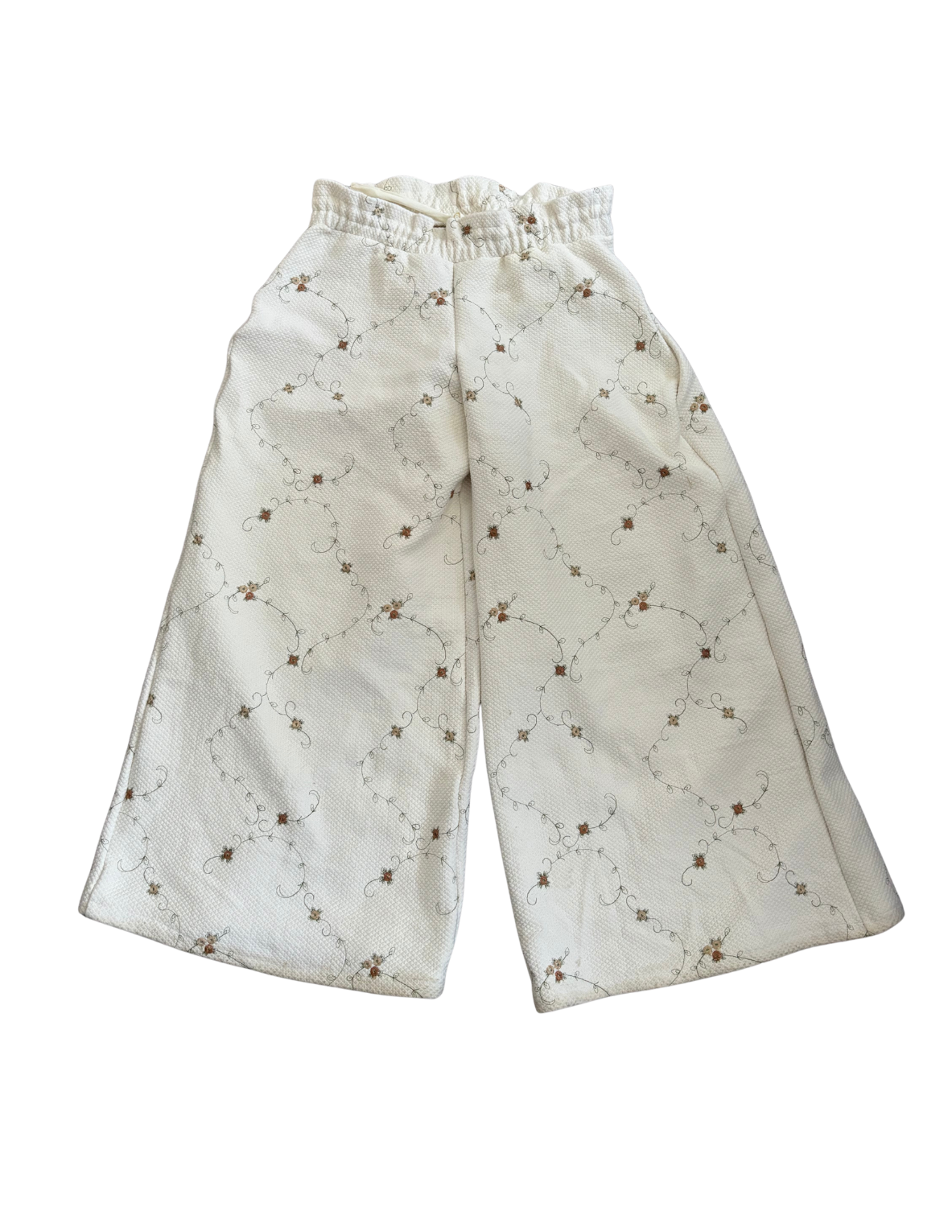 Cream Floral Quilted Wide-Leg Sweatpants