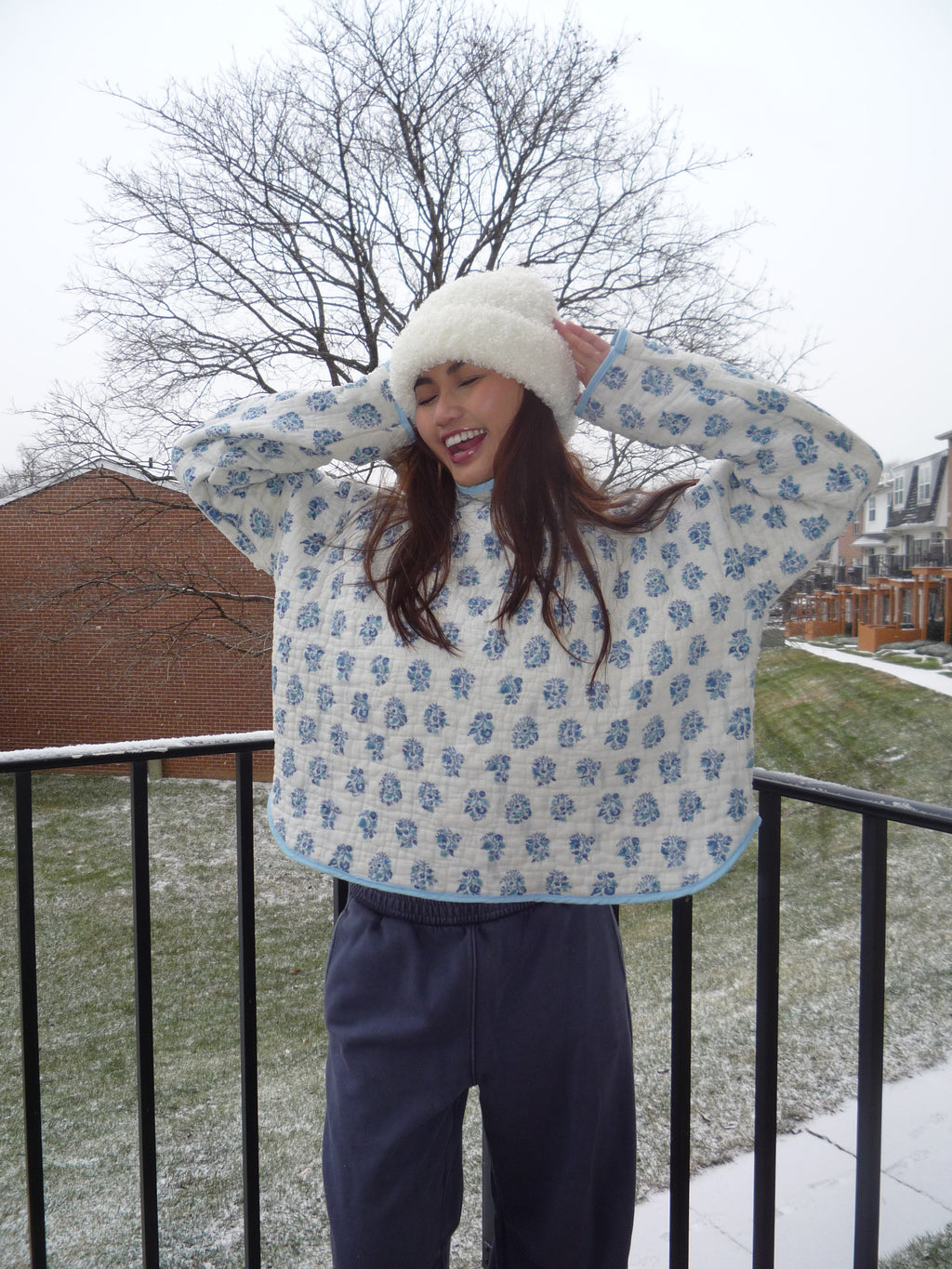 Blue and White Patterned Mockneck