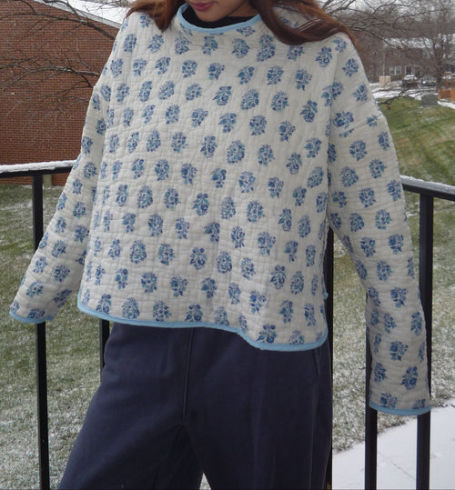 Blue and White Patterned Mockneck