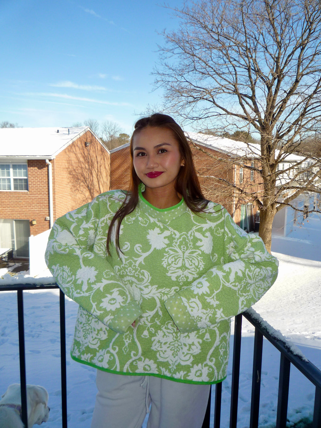 Green and White Floral Patterned Mockneck
