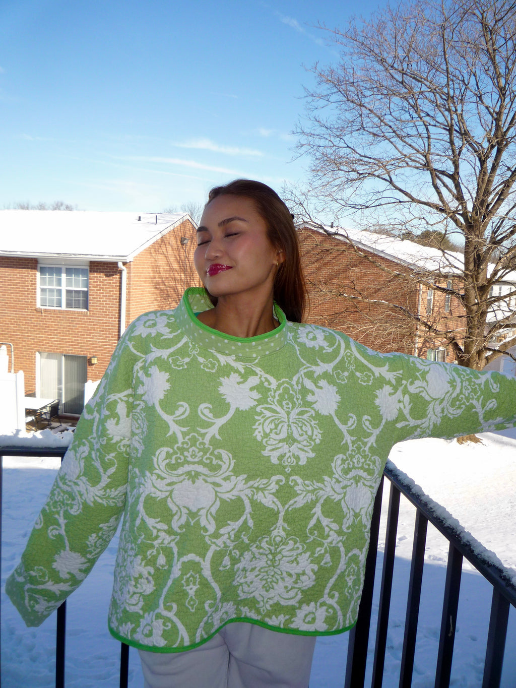 Green and White Floral Patterned Mockneck