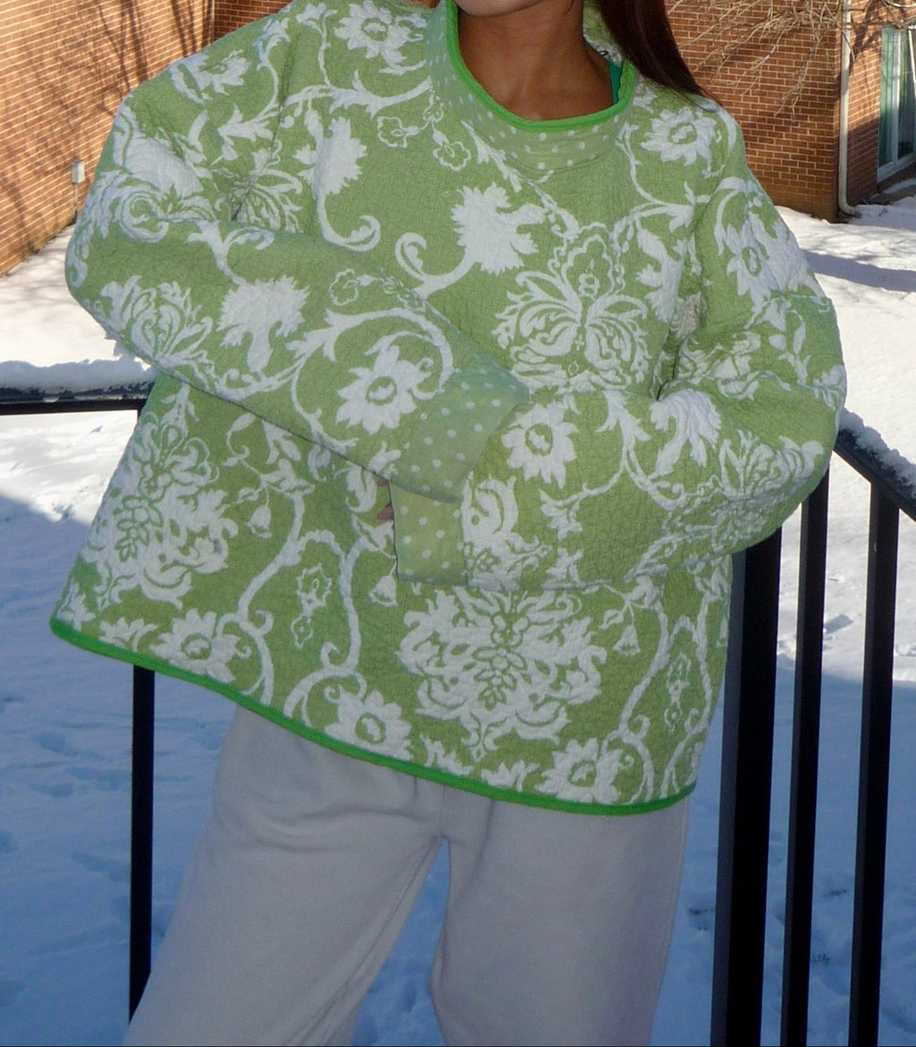 Green and White Floral Patterned Mockneck