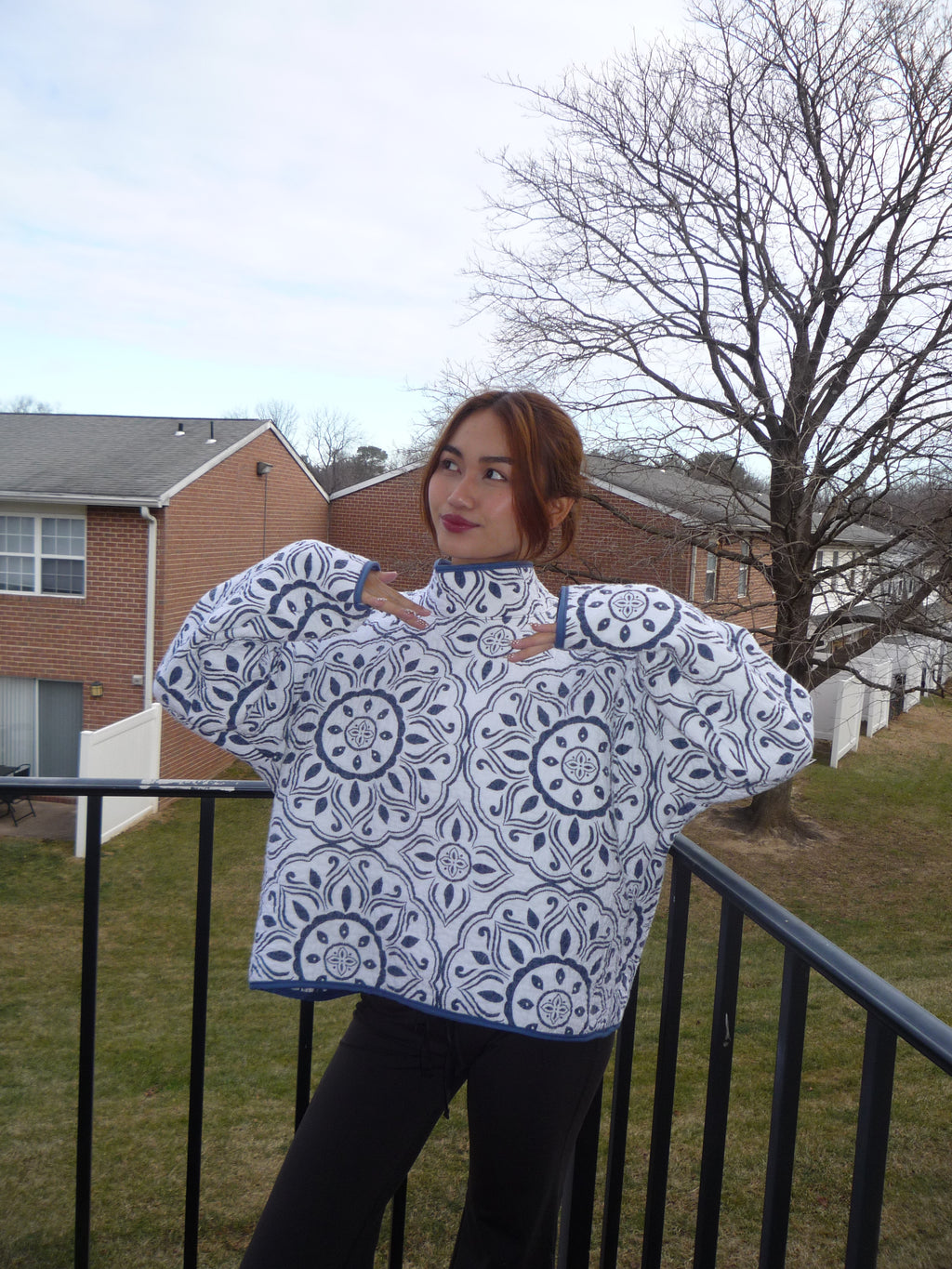 White and Blue Patterned Mockneck
