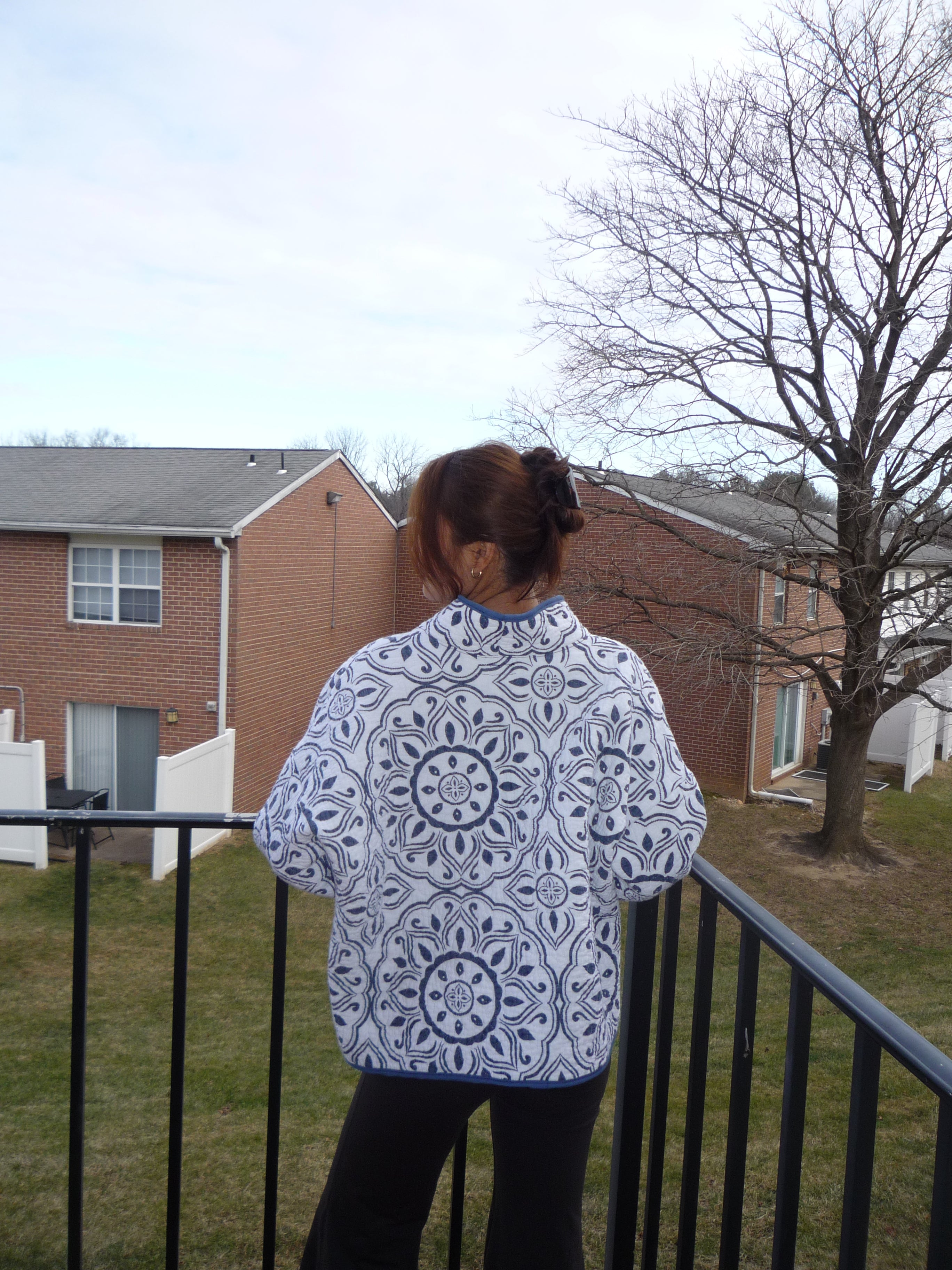 White and Blue Patterned Mockneck