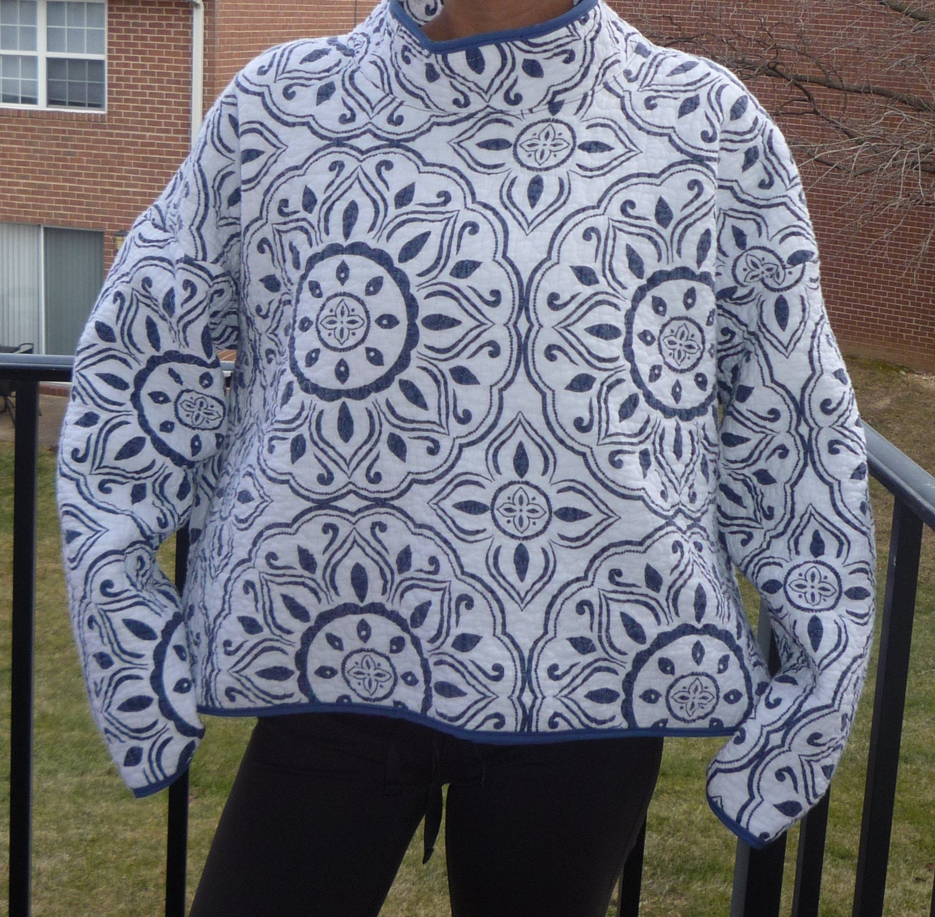 White and Blue Patterned Mockneck