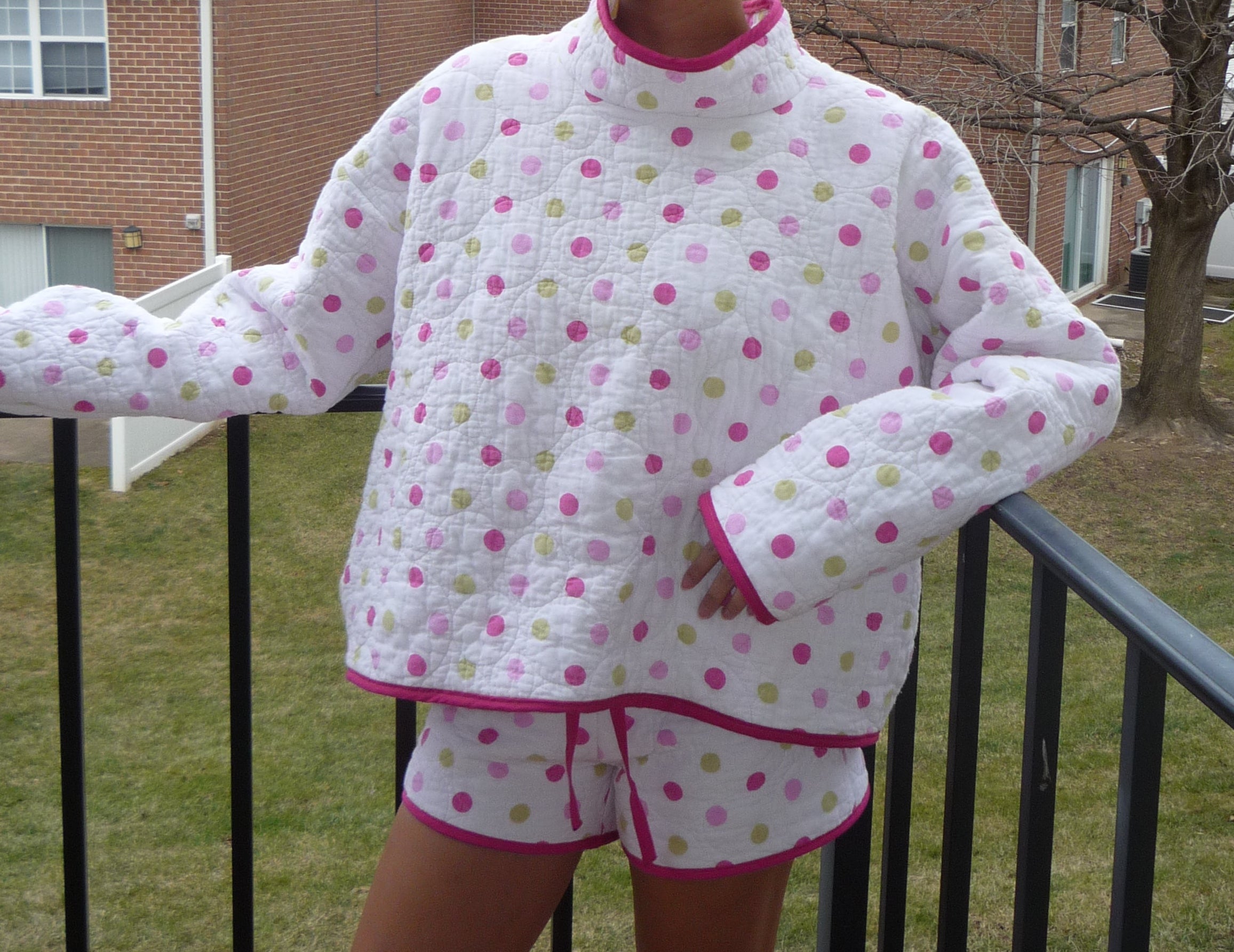 Green and Pink Polkadot Mockneck and Shorts Set