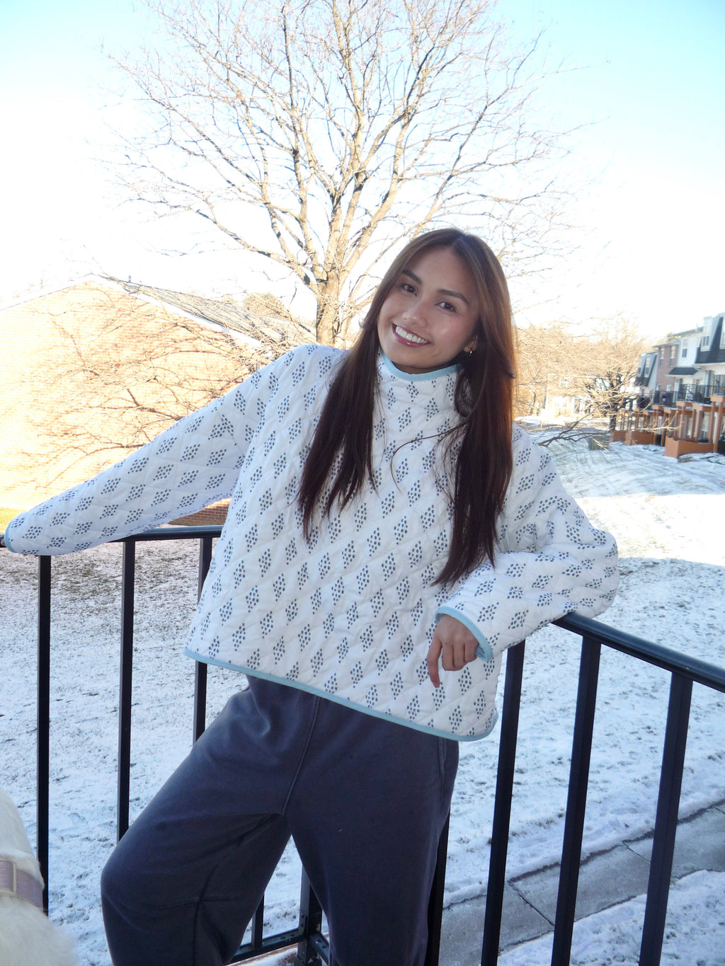 White and Blue Patterned Mockneck