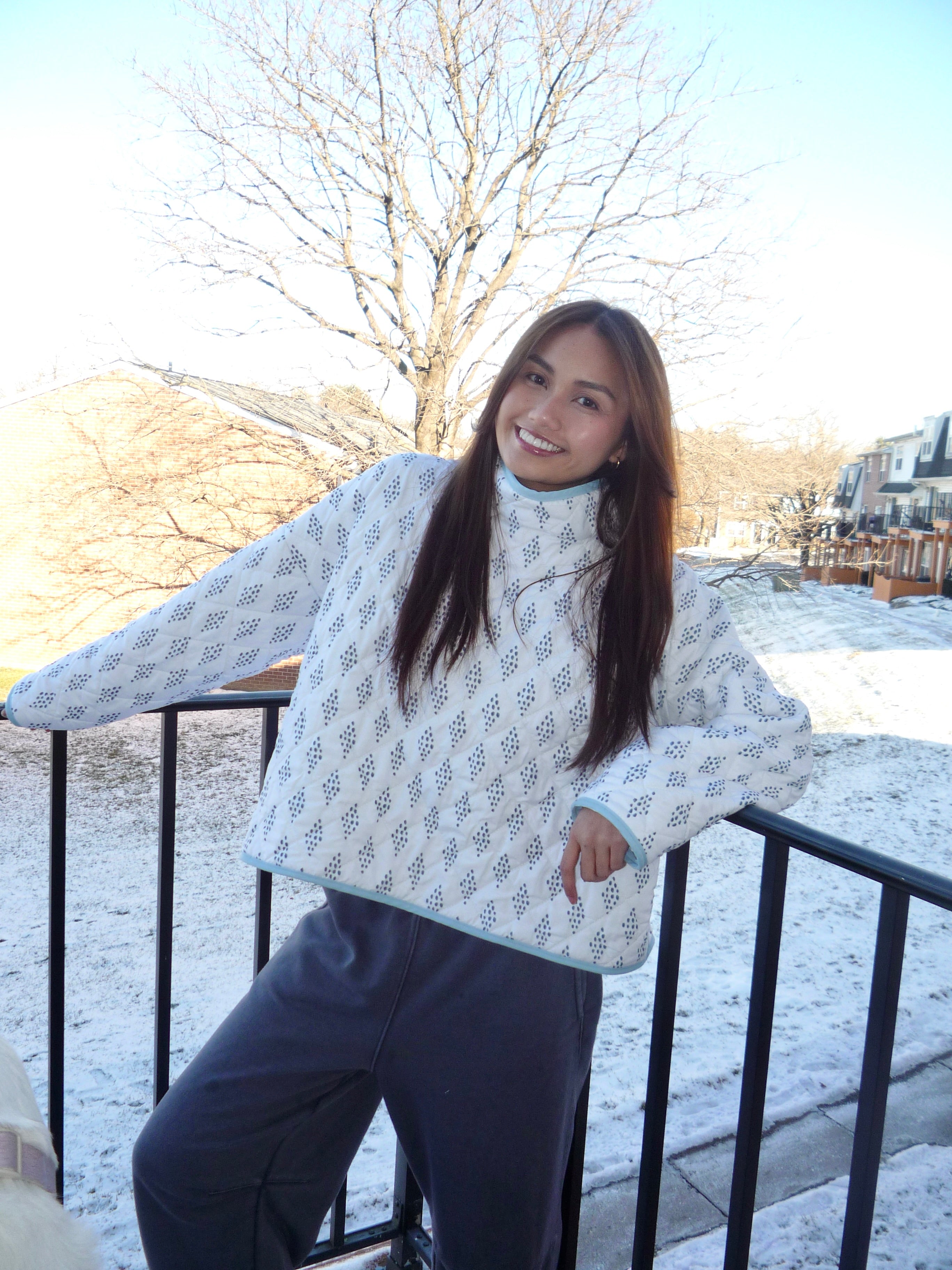 White and Blue Patterned Mockneck