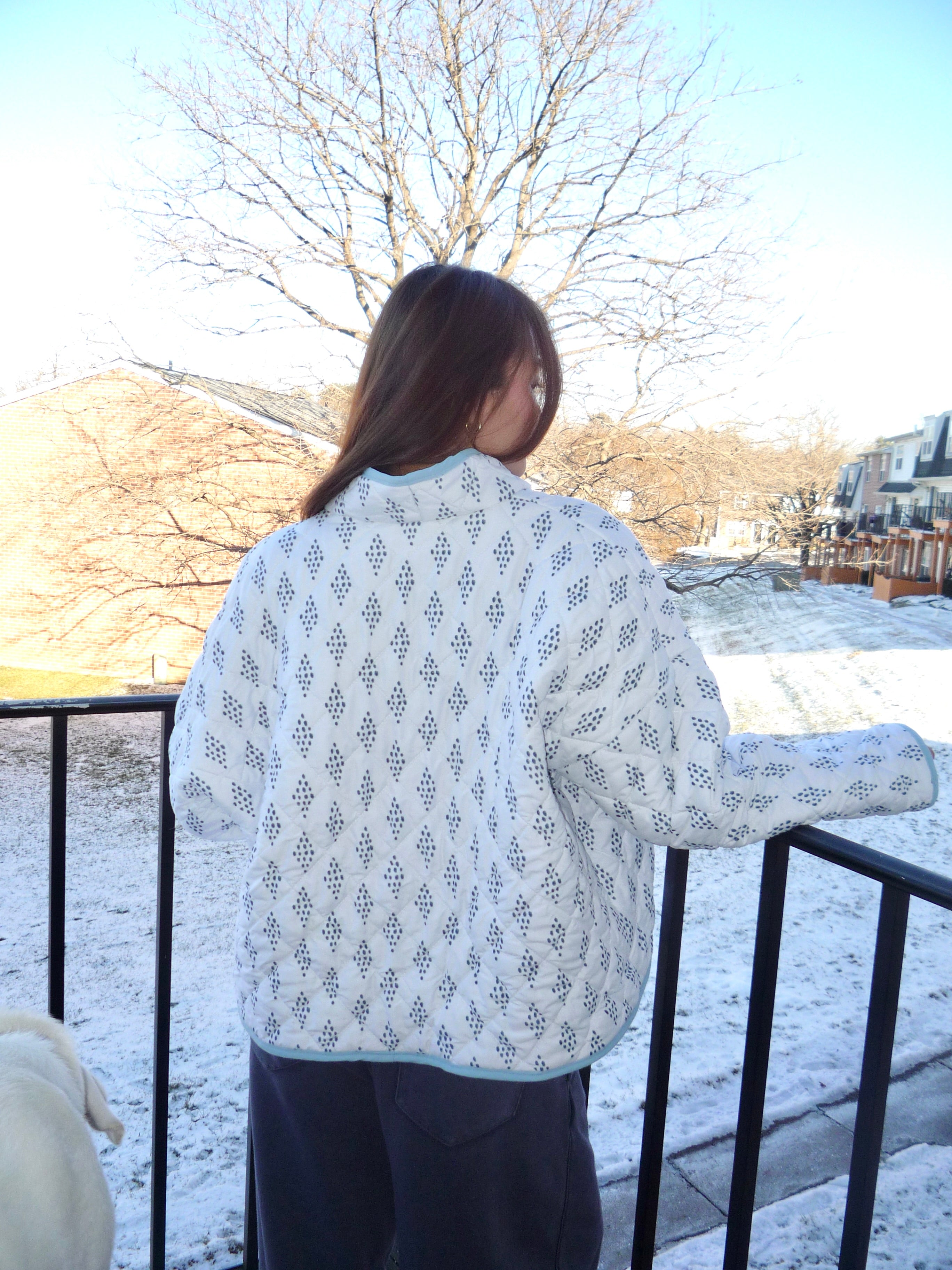 White and Blue Patterned Mockneck