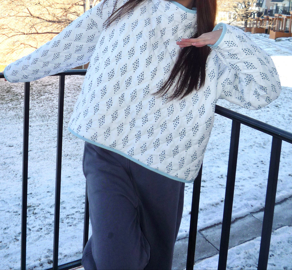 White and Blue Patterned Mockneck