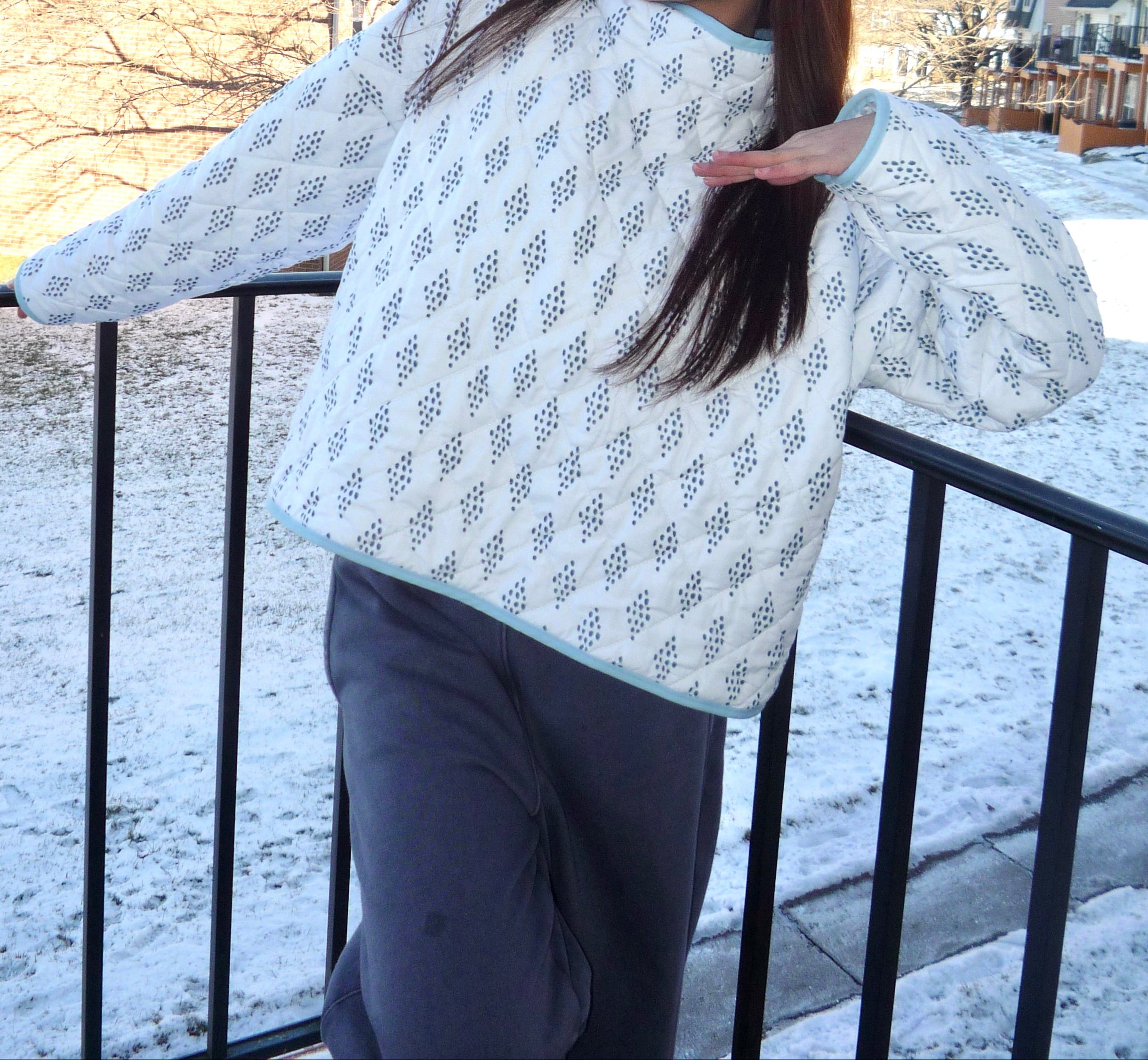 White and Blue Patterned Mockneck