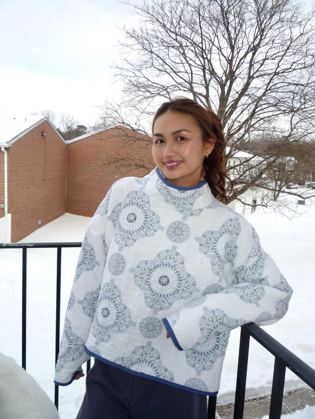 White and Blue Patterned Mockneck