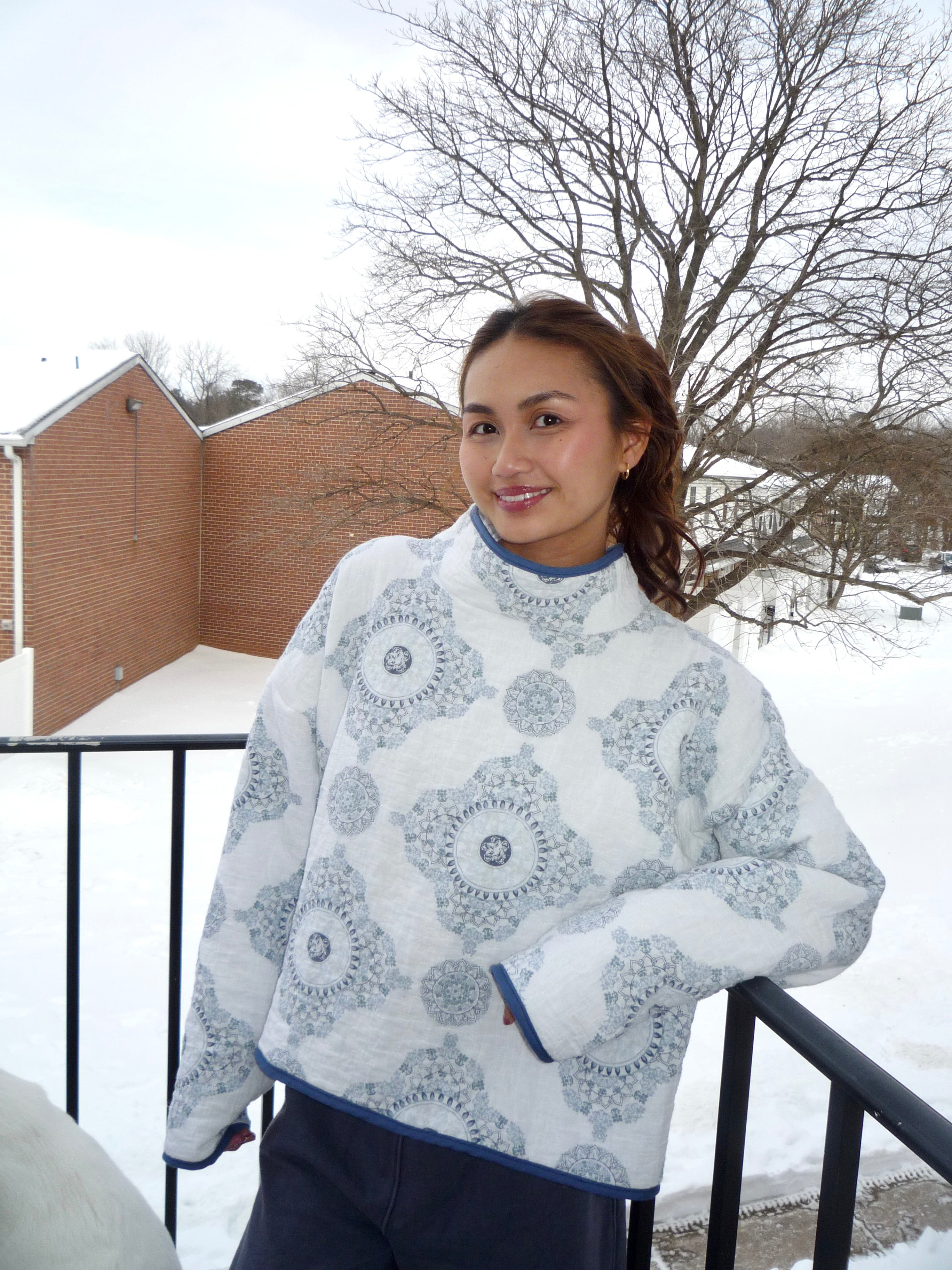 White and Blue Patterned Mockneck