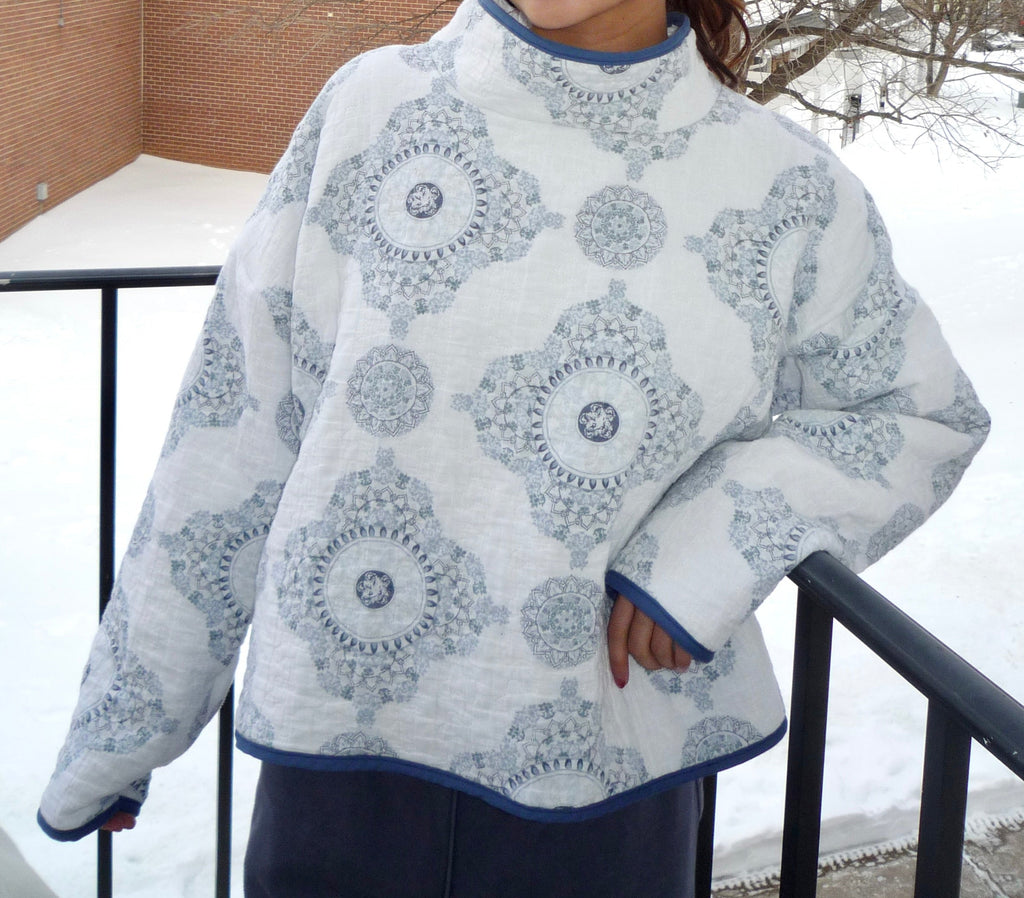 White and Blue Patterned Mockneck