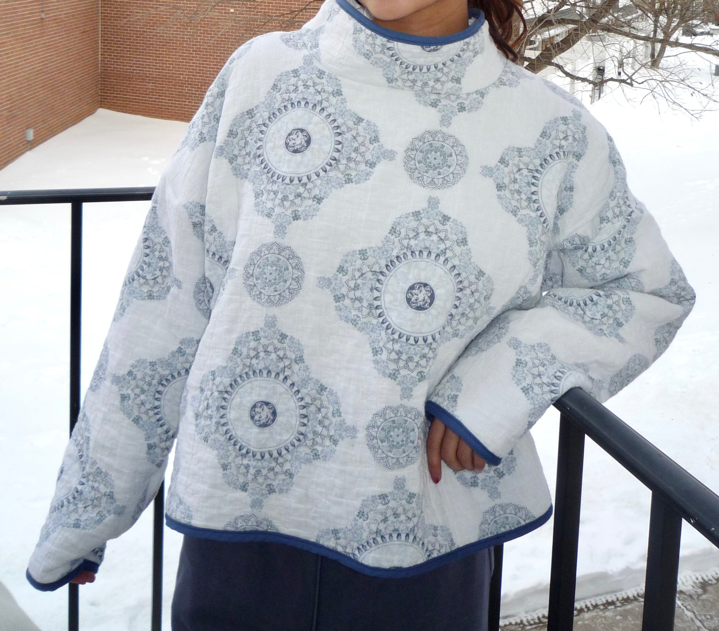 White and Blue Patterned Mockneck