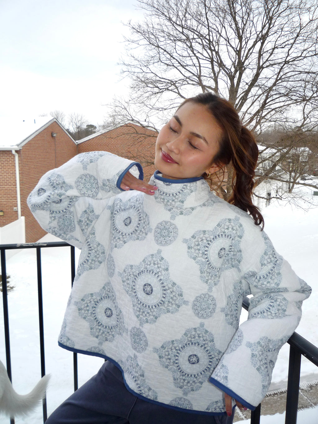 White and Blue Patterned Mockneck