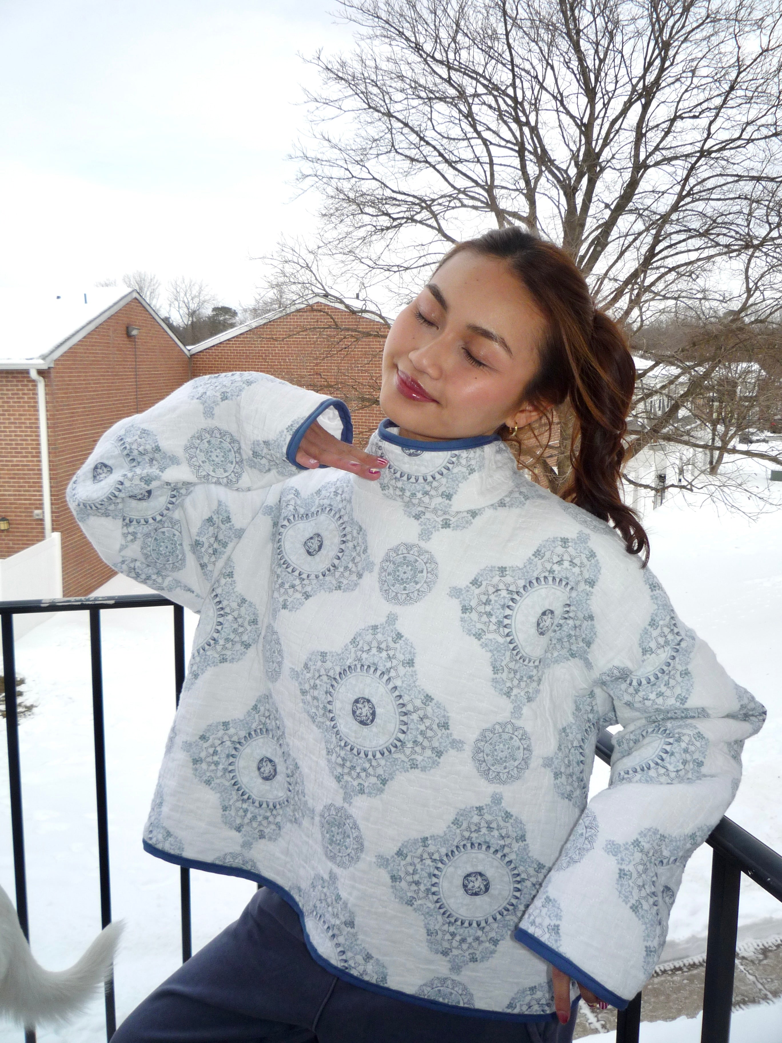 White and Blue Patterned Mockneck