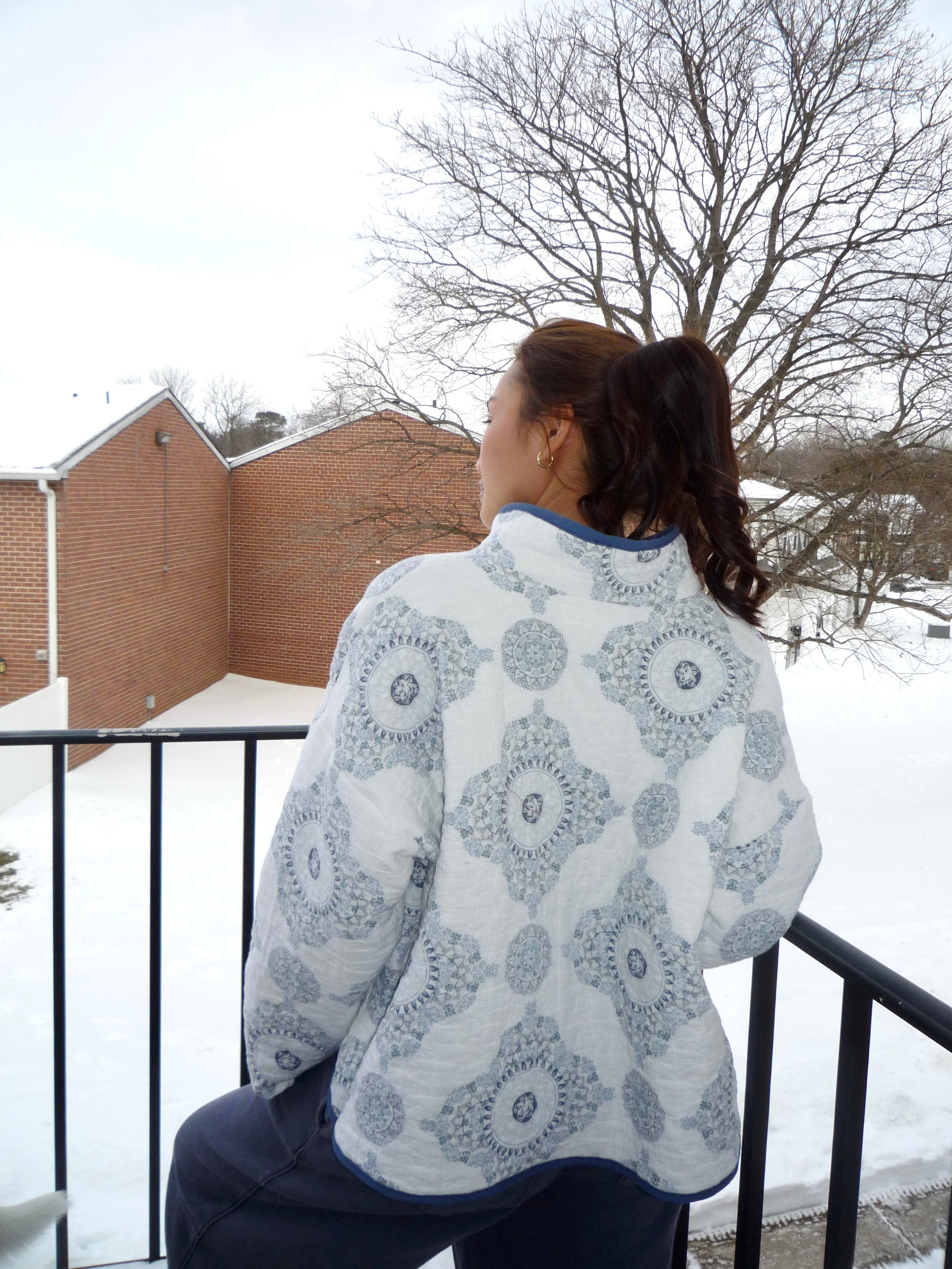 White and Blue Patterned Mockneck