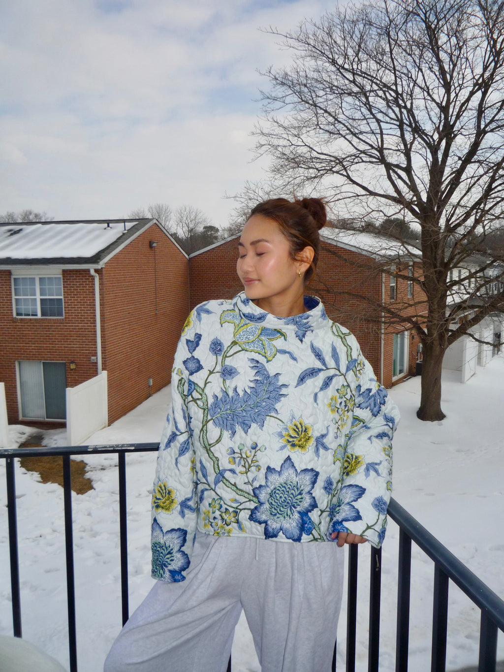 Blue and Yellow Floral Mockneck