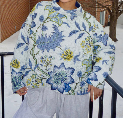 Blue and Yellow Floral Mockneck