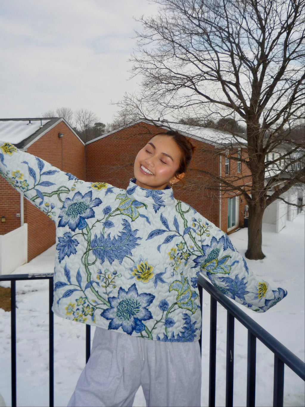 Blue and Yellow Floral Mockneck
