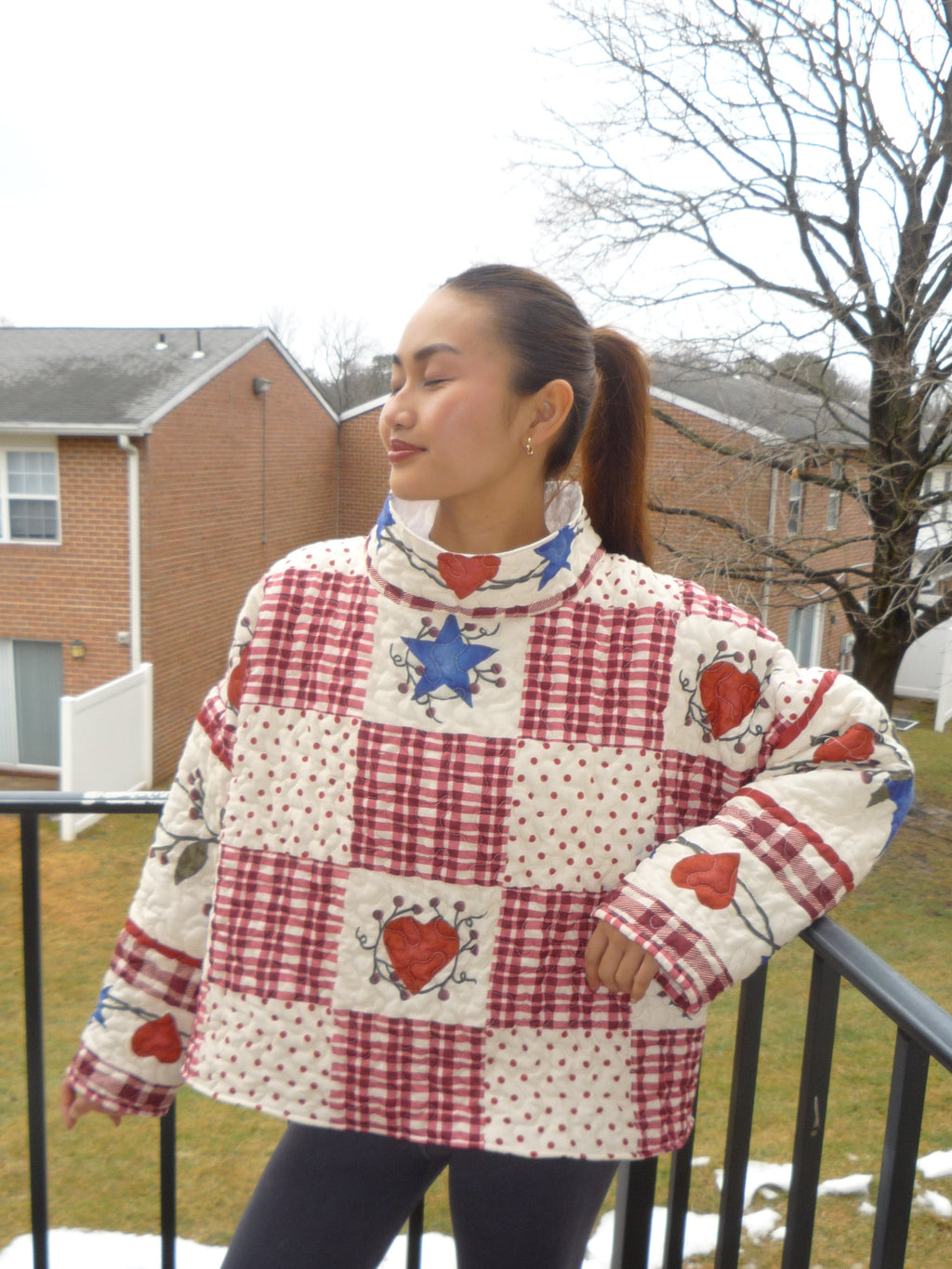 Patchwork Red Patterened Mockneck