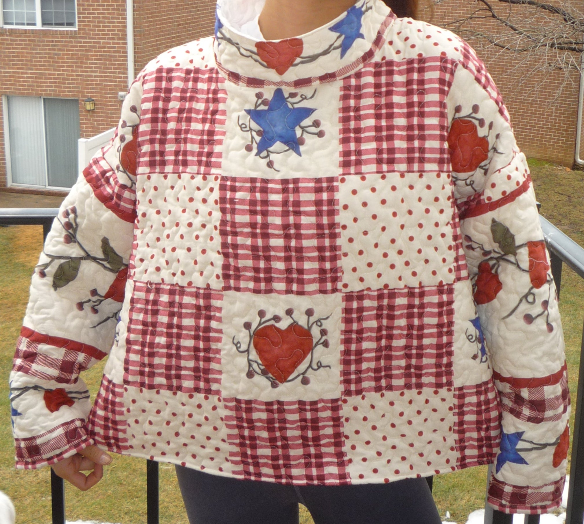 Patchwork Red Patterened Mockneck