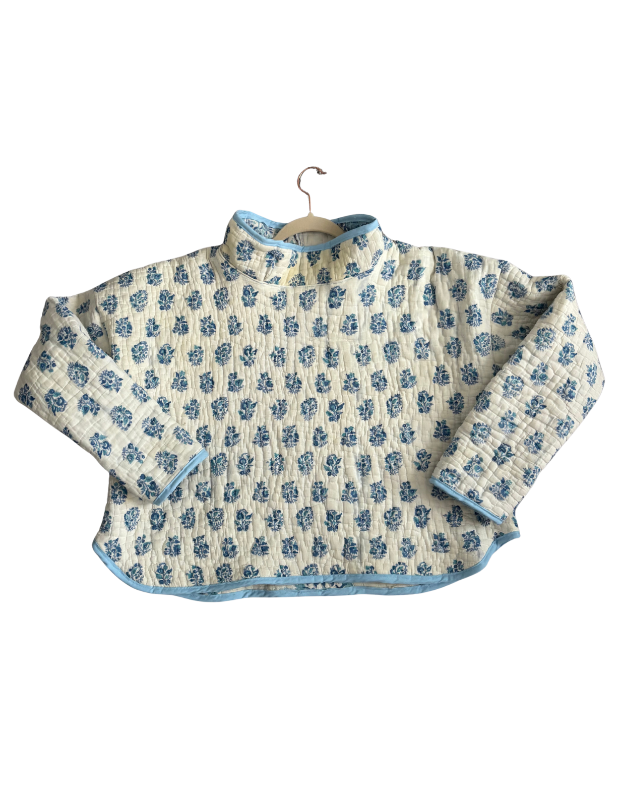 Blue and White Patterned Mockneck